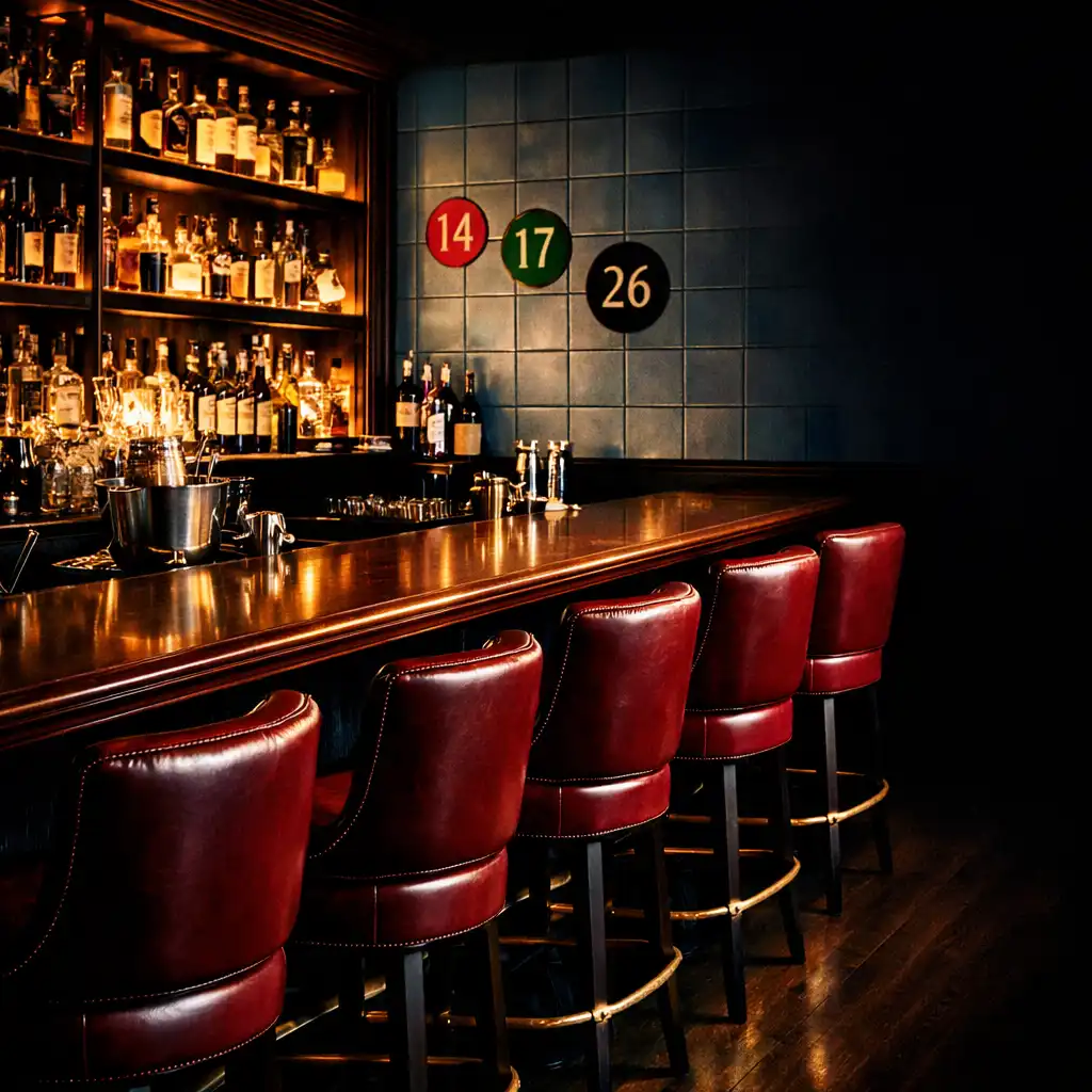 Sleek bar area with polished wood counter, oxblood leather stools, brass foot rail, and backlit shelves of wines and spirits