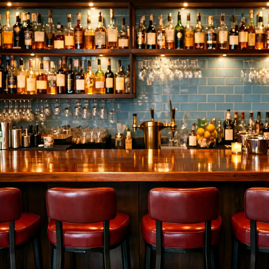 Bistrotaste bar counter with polished timber top, backlit shelves, and powder-blue tiled wall