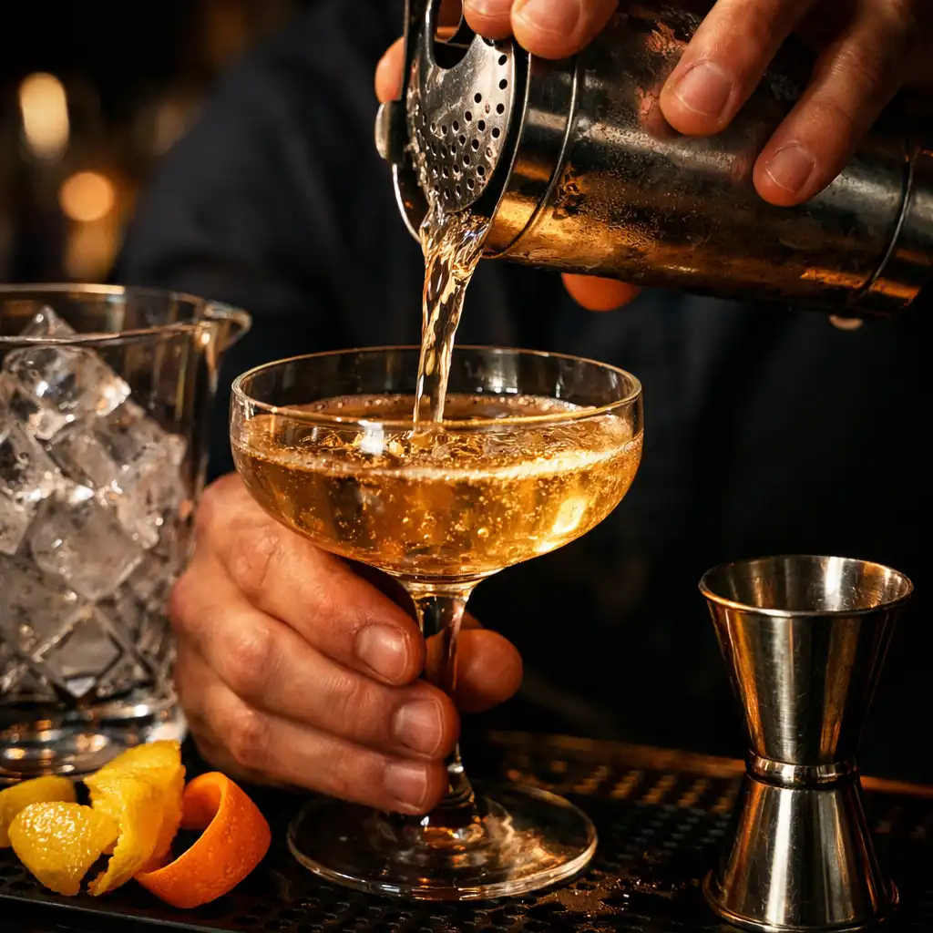 Bartender pouring a cocktail into a coupe glass with ice and citrus peel visible