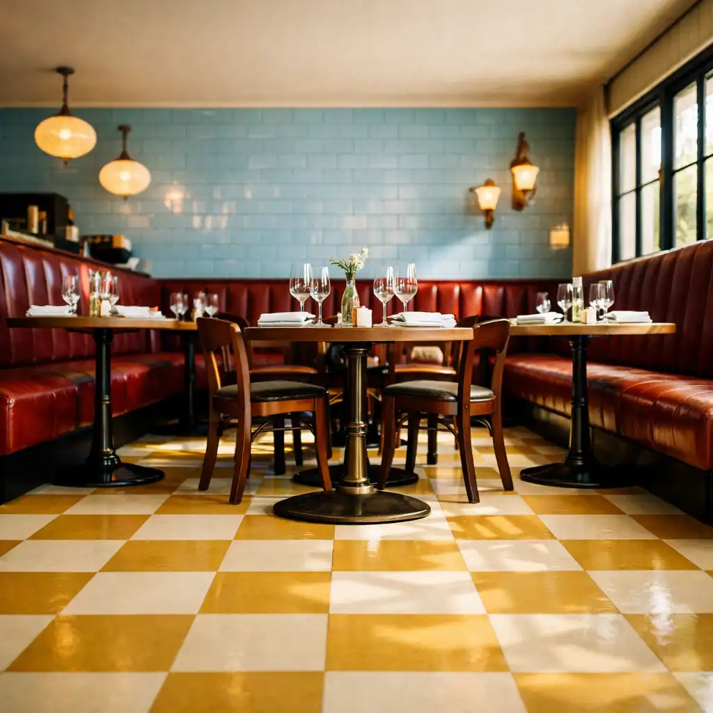 Warm and inviting modern bistro interior with checkerboard floor, powder-blue tiled walls, and oxblood leather banquettes