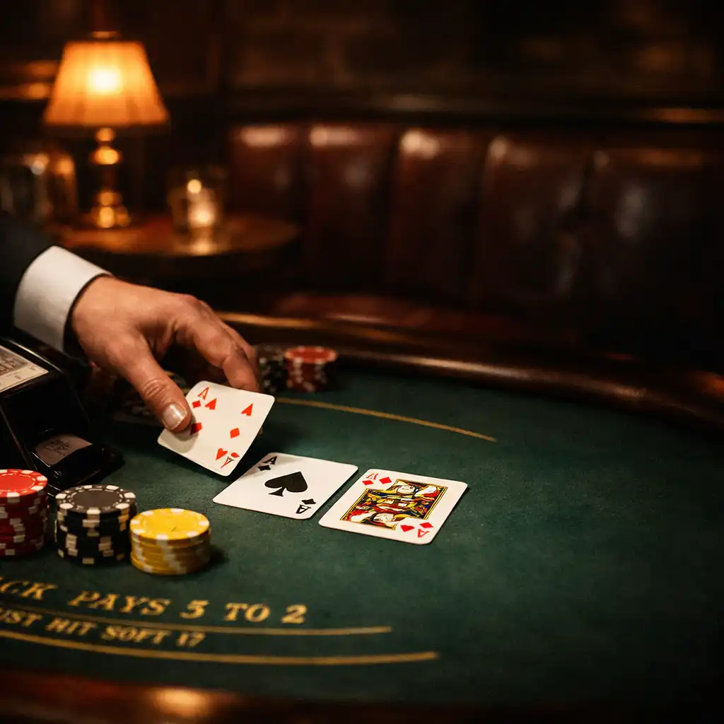 Blackjack table with cards and chips in a dimly lit bistro corner