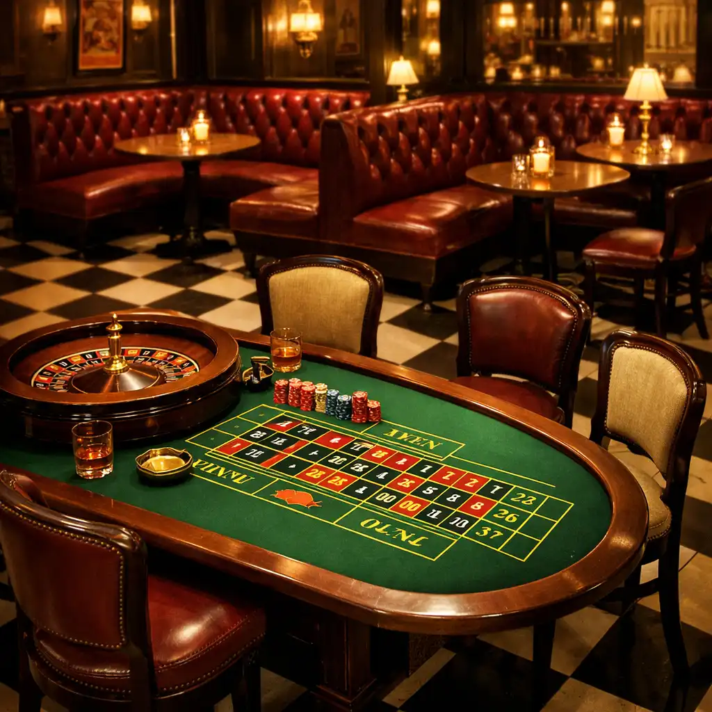 A roulette table set up in a corner of bistrotaste with checkerboard floor and oxblood banquettes visible