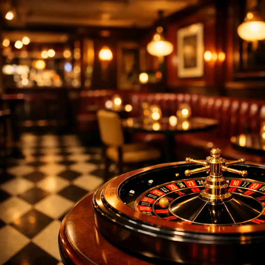 Stylish bistro interior at night with a roulette wheel on a table