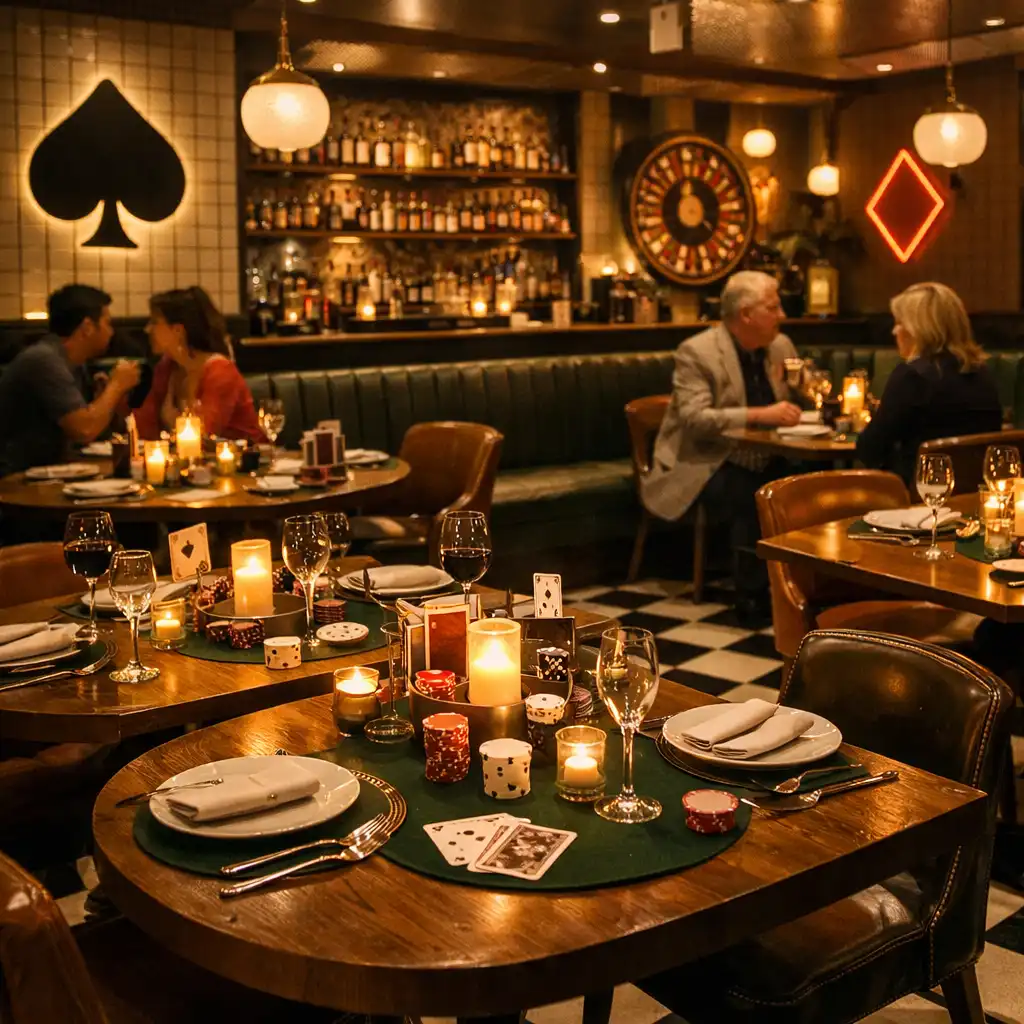 Interior view of the bistro during an evening with tables set for dinner