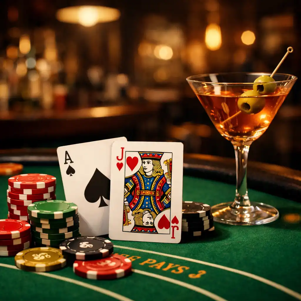 Close-up of a blackjack table with playing cards, chips, and a cocktail glass