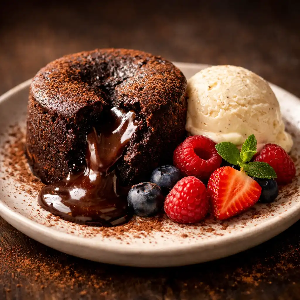 Chocolate fondant with molten centre, vanilla bean ice cream, and fresh berries