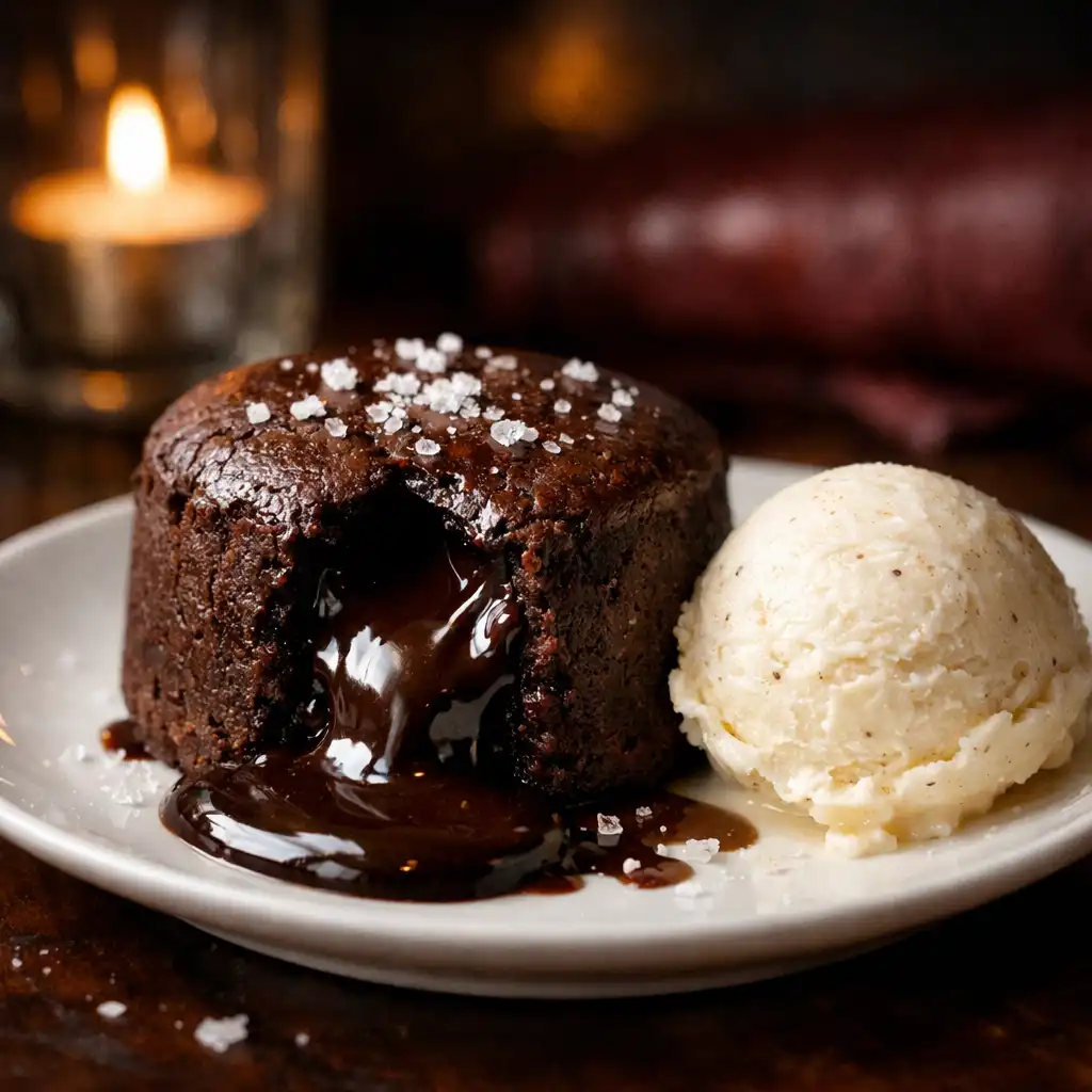 Dark chocolate fondant with molten centre, vanilla bean ice cream, and sea salt flakes