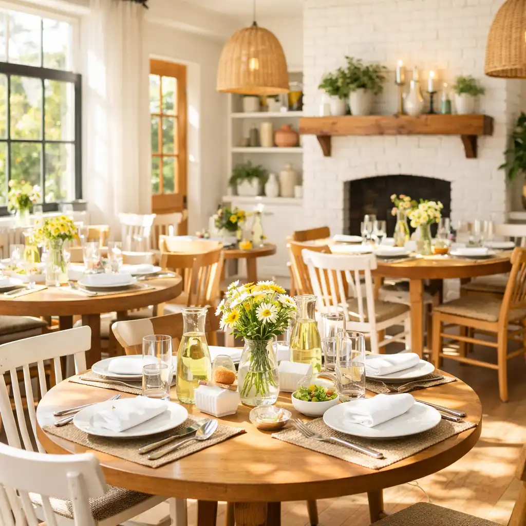 The bistrotaste dining room during bright daylight with sunlight streaming through windows