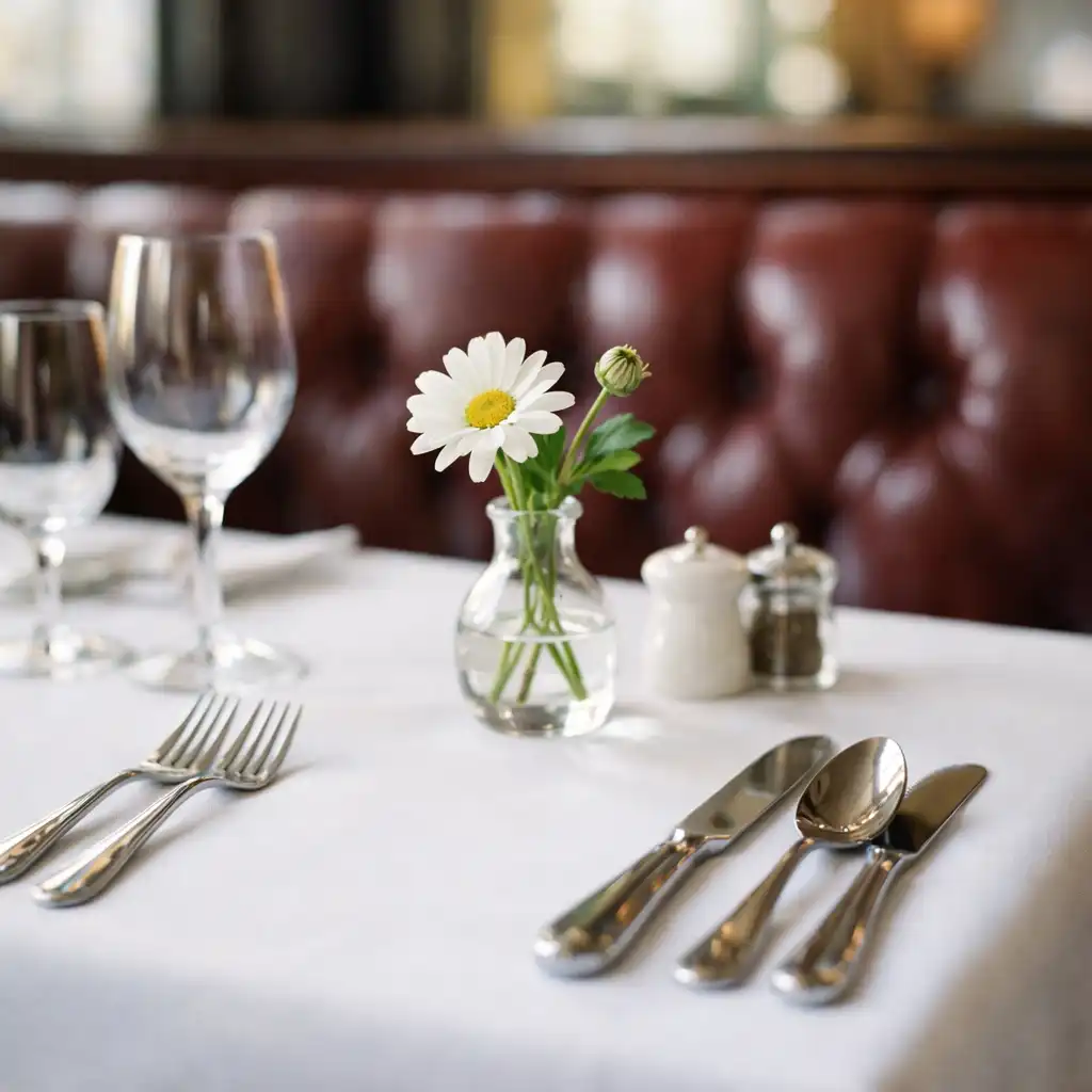 Close-up of a bistrotaste table setting with white tablecloth, polished cutlery, a small flower vase, and oxblood banquette in the background