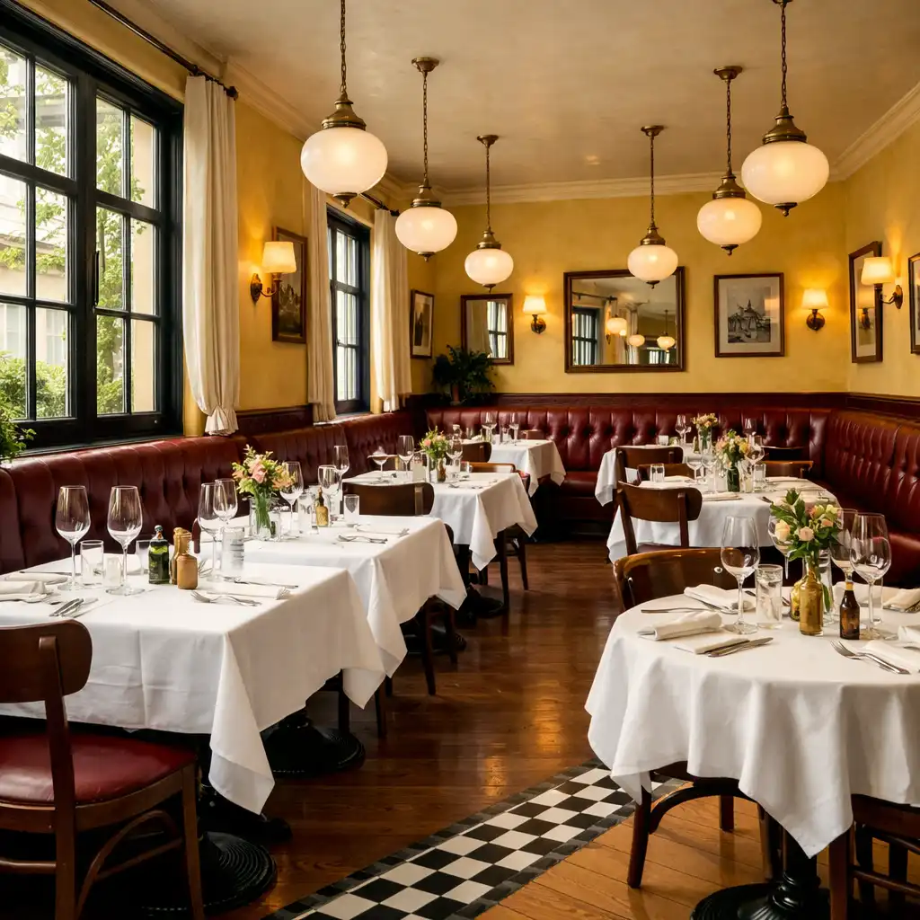 Wide view of the bistrotaste dining room with butter-yellow walls, oxblood banquettes, white tablecloths, and a checkerboard floor border