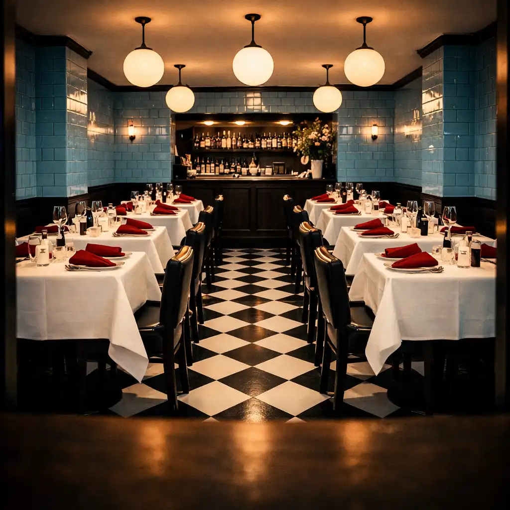 Main dining room with crisp white linens, oxblood napkins, powder-blue tiled walls, and checkerboard floor