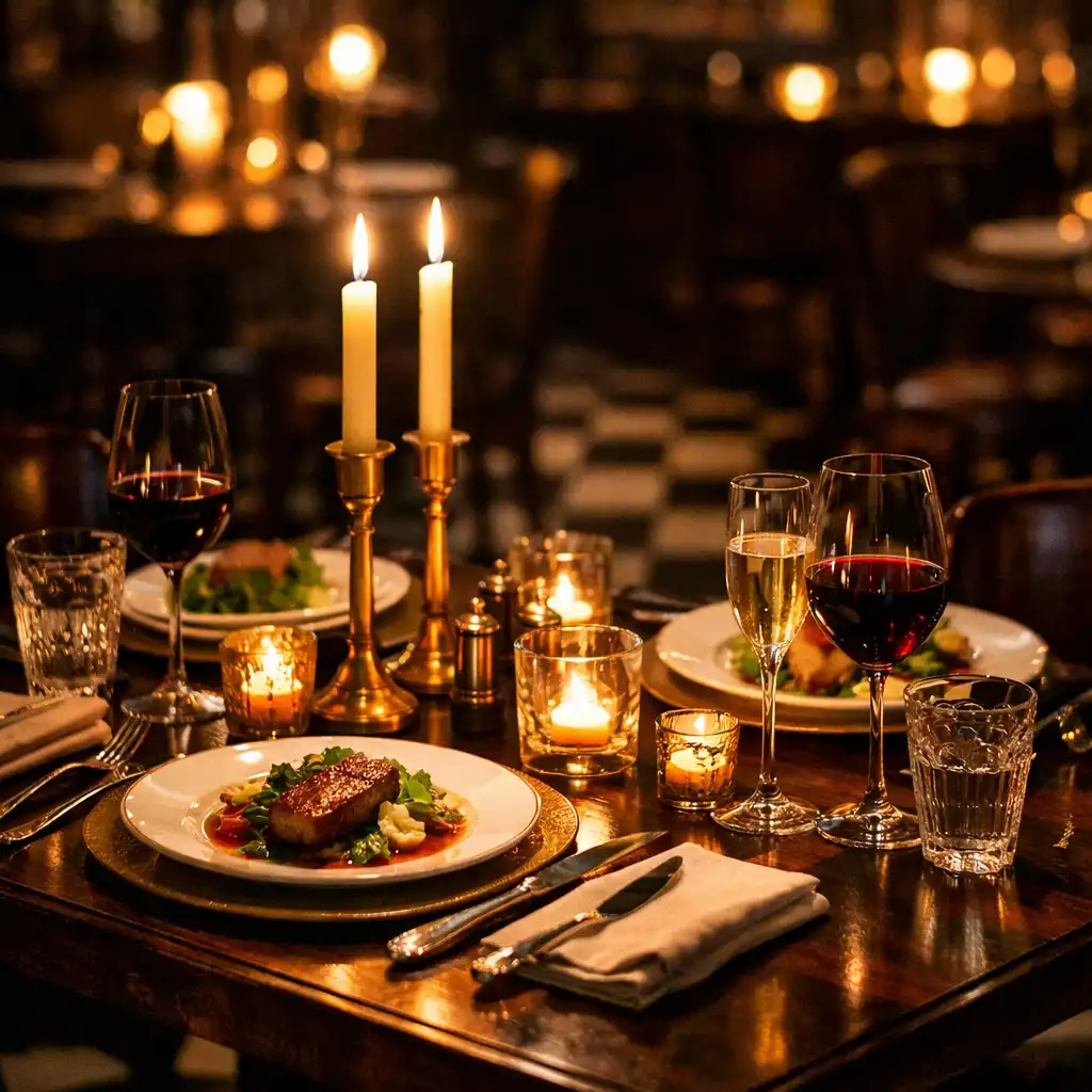 Beautifully set dinner table with candles and elegant dishes in a dimly lit bistro