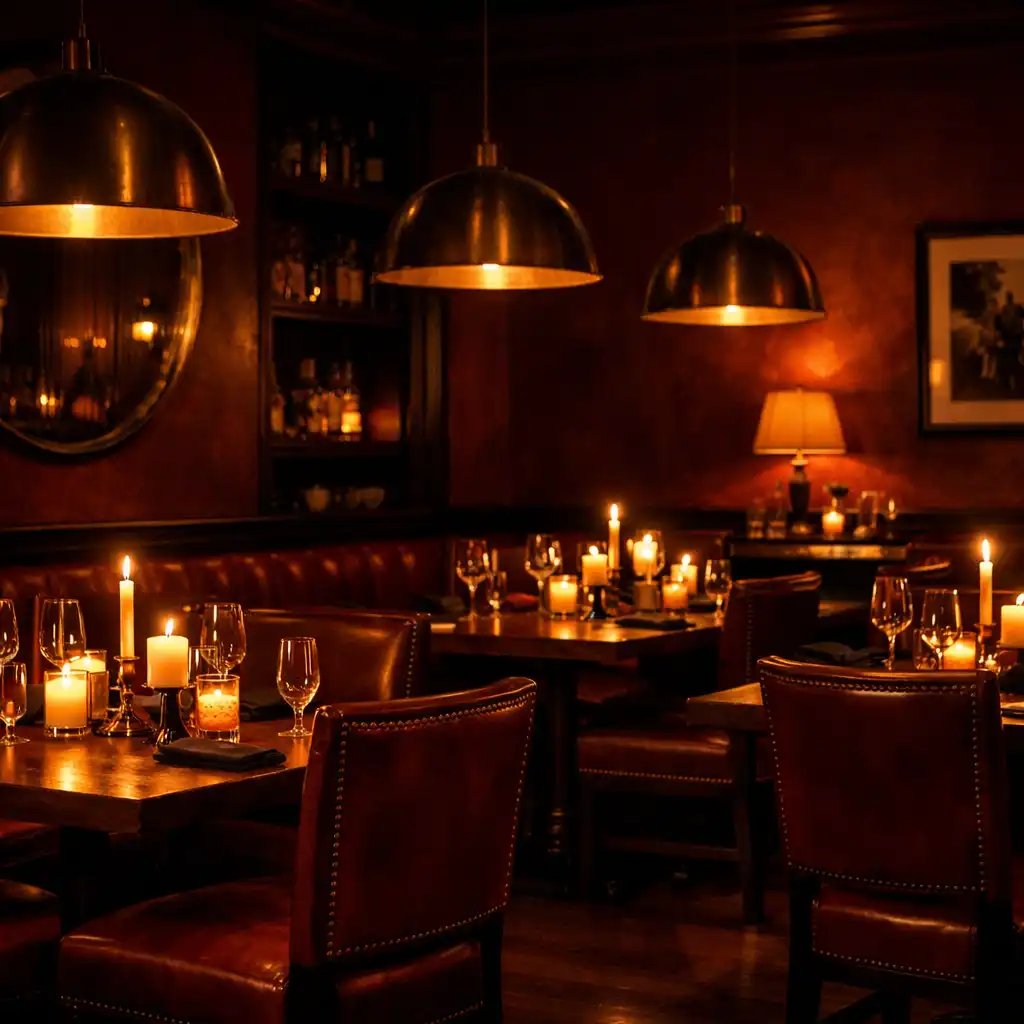 The same dining room in the evening with dimmed pendant lights and candles on tables