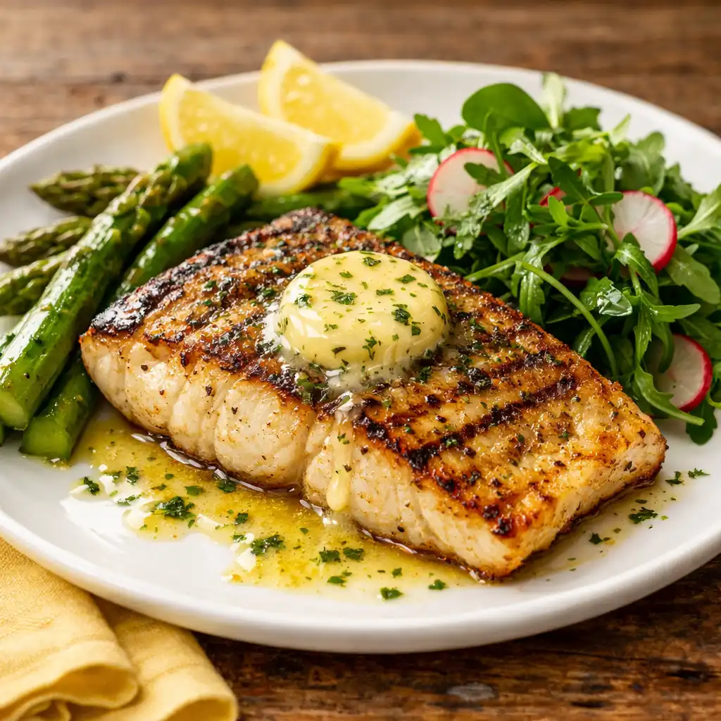 Grilled barramundi fillet with lemon myrtle butter, asparagus, and herb salad