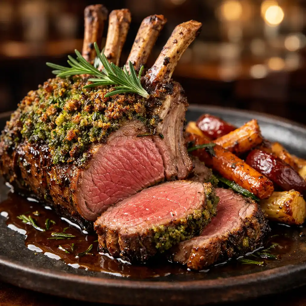 Herb-crusted lamb rack sliced to reveal medium-rare interior with rosemary jus and roasted vegetables