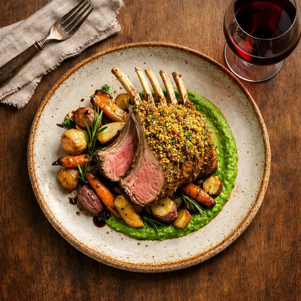 Herb-crusted lamb rack with roasted root vegetables and minted pea purée on a rustic bistro table
