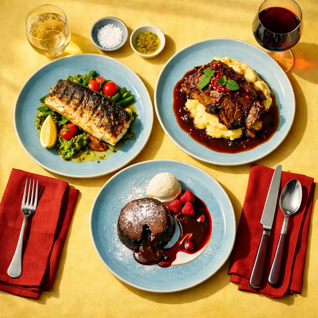 A vibrant overhead spread of modern Australian bistro dishes on a butter-yellow tablecloth