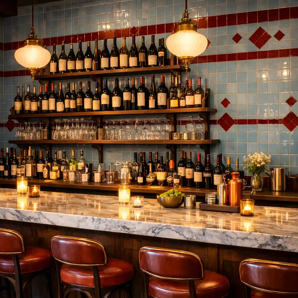Bistro bar area with marble counter and shelves of wine bottles