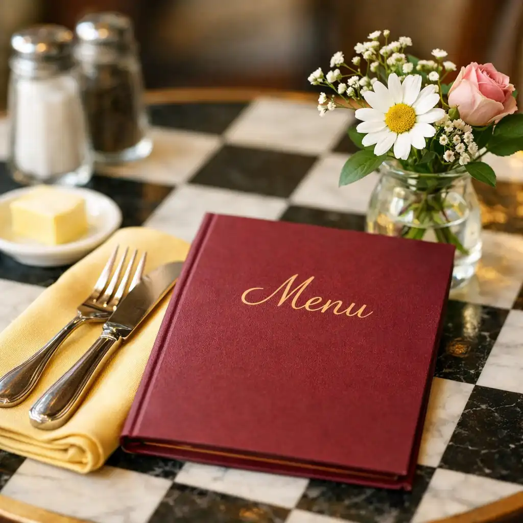 Close-up of a bistro table setting with butter-yellow napkin and fresh flowers