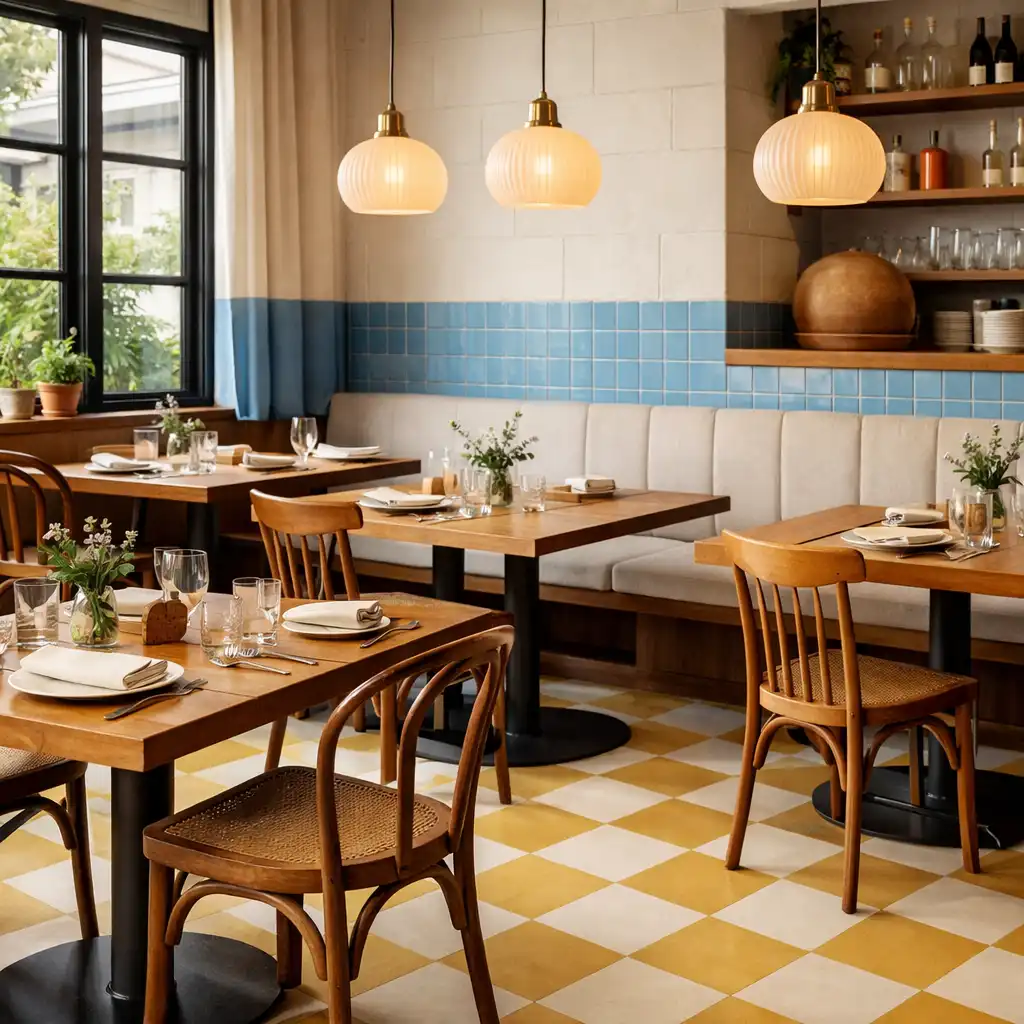 Bistro dining room with checkerboard floor and powder-blue tiled walls