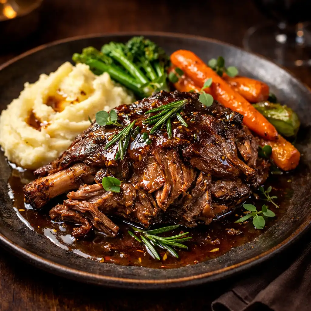 Slow-cooked lamb shoulder with rosemary jus, creamy mash, and seasonal vegetables