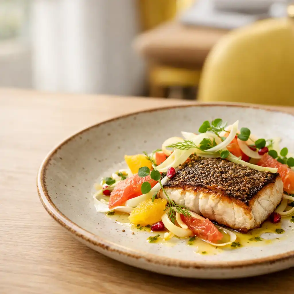 A beautifully plated modern Australian bistro dish with seared barramundi, fennel and citrus