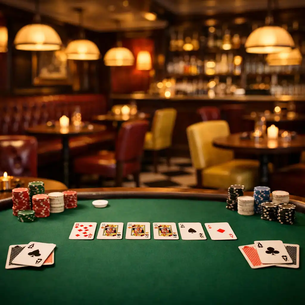 Elegant bistro interior with a poker table, cards, and chips under warm pendant lighting