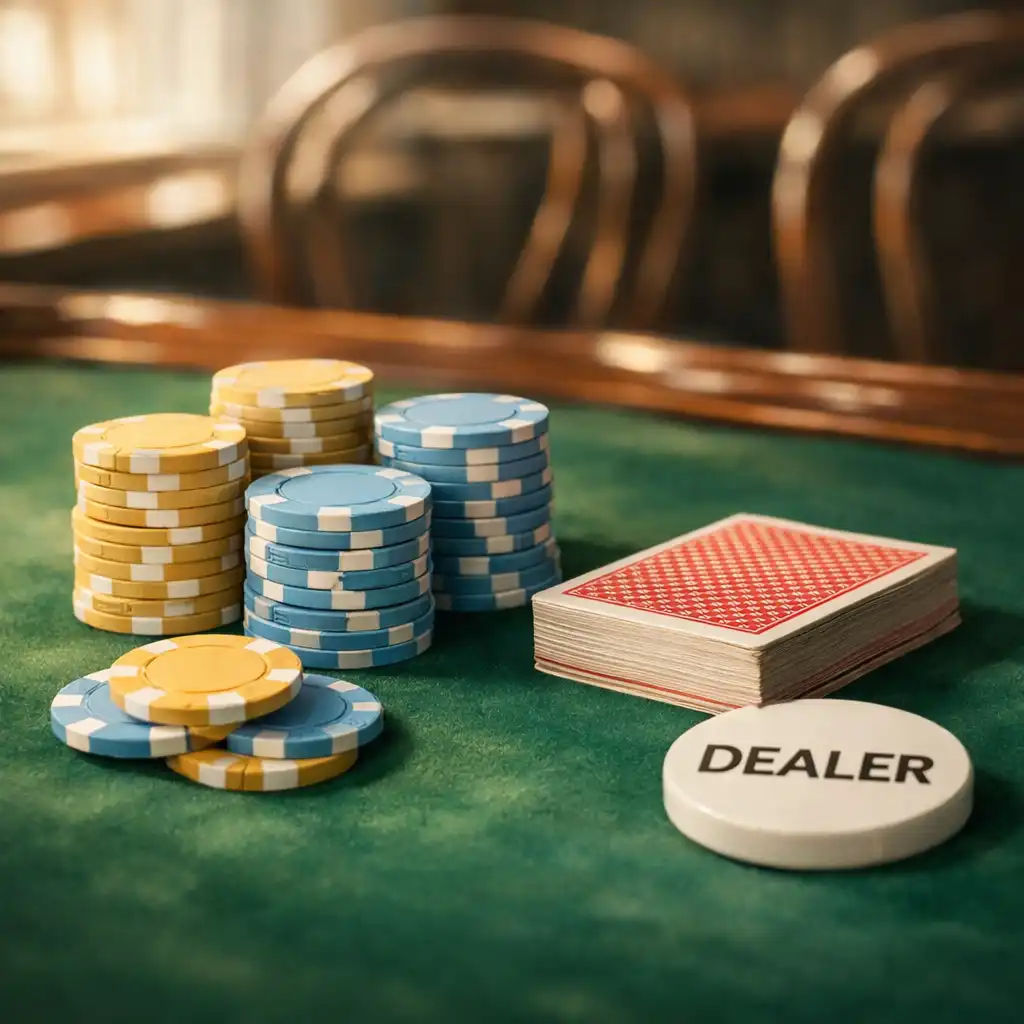 Close-up of a poker table with clay composite chips, a deck of cards, and a dealer button