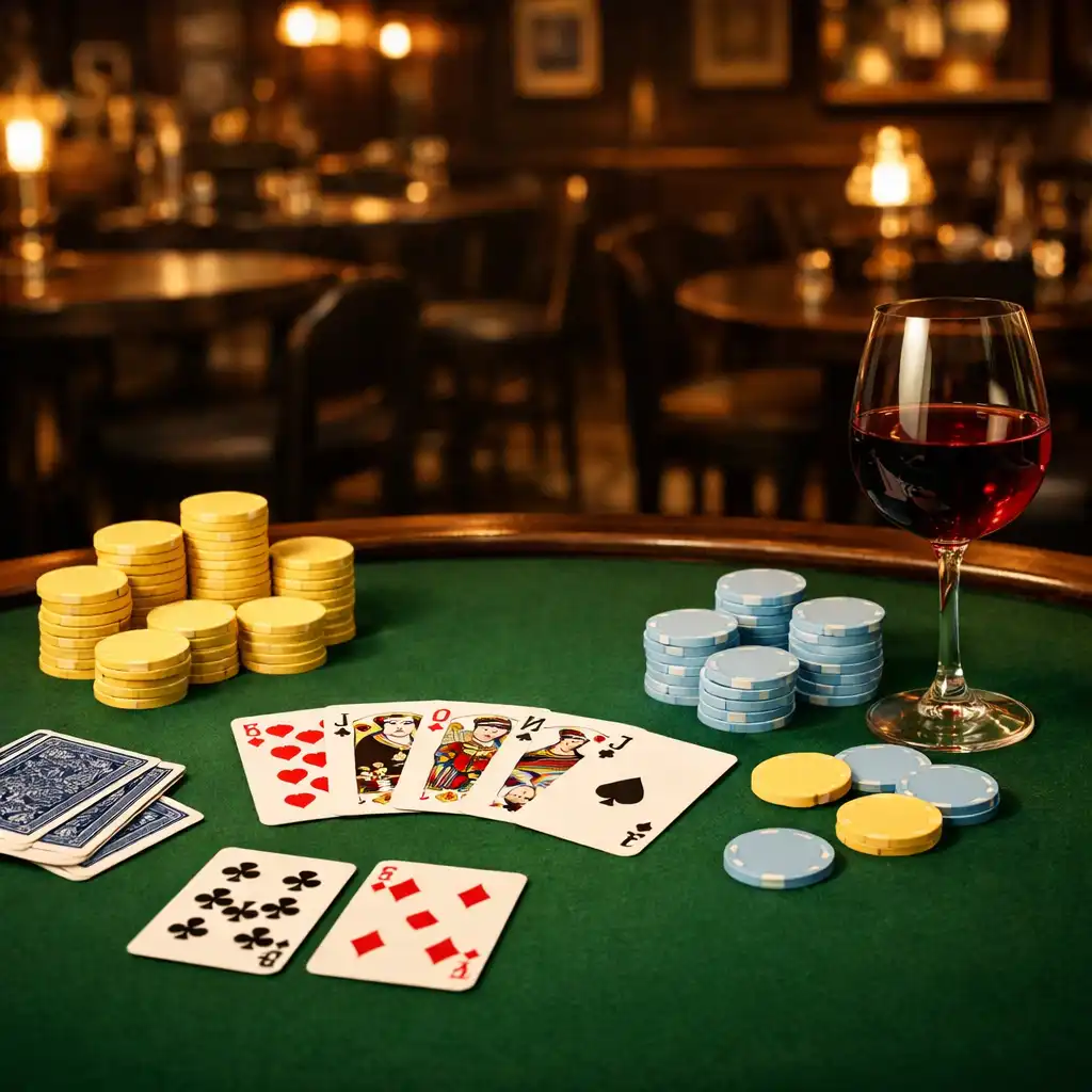 Elegant poker table setup with colourful chips and playing cards in a dimly lit bistro