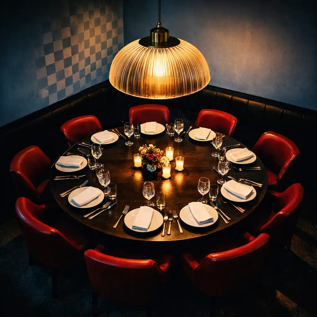Semi-private dining nook with a large round table set for eight, statement pendant light, and oxblood upholstered chairs