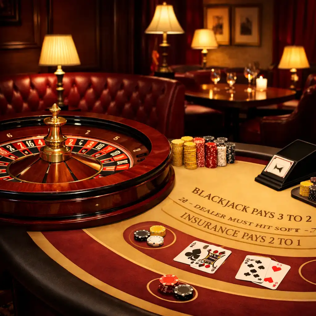 Roulette wheel and blackjack table in an elegant bistro setting