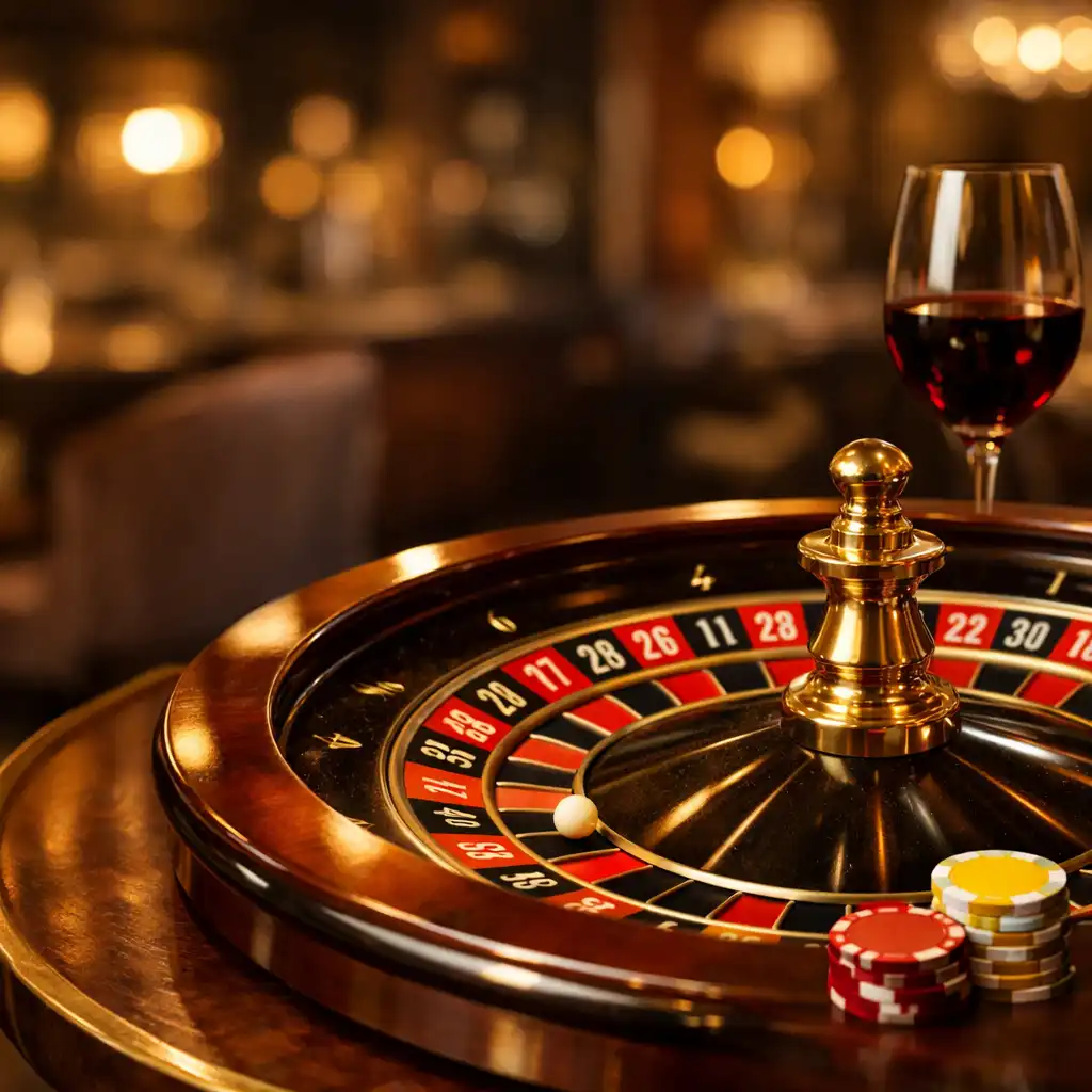 European roulette wheel resting on a bistro table with warm ambient lighting