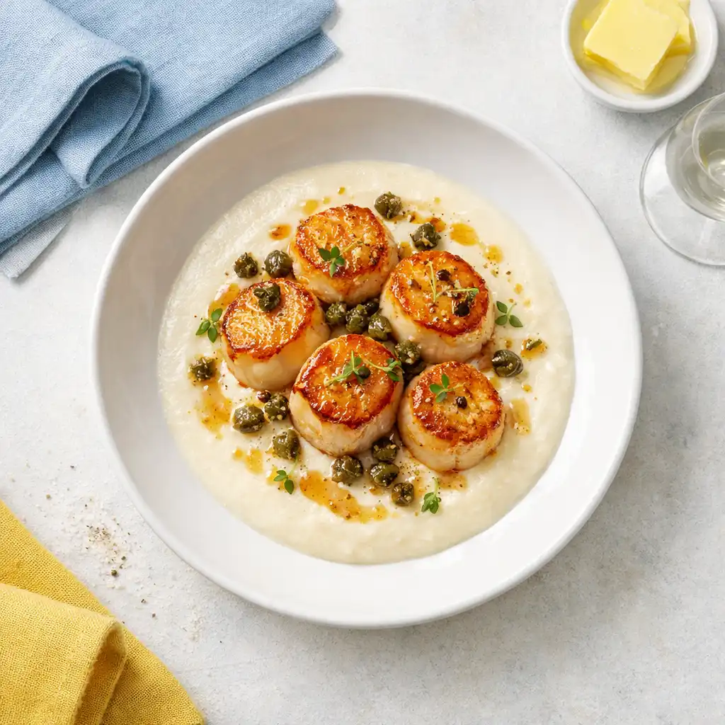 Seared scallops on cauliflower velouté with crispy capers and brown butter drizzle