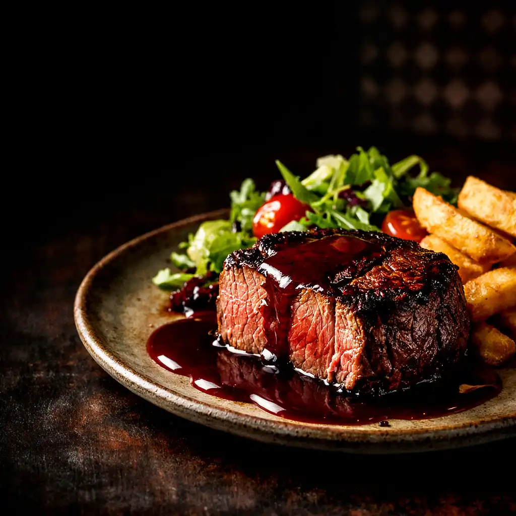 Signature bistrotaste steak with oxblood wine reduction, hand-cut chips, and butter-dressed salad on a rustic plate